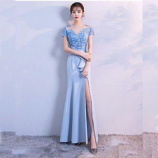 Short-sleeve Sequined Paneled Slit Evening Gown