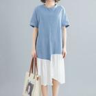 Short-sleeve Asymmetric Midi Dress Blue & White - One Size