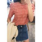 Short-sleeve Zip-back Plaid Top