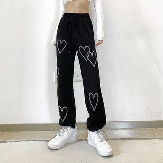 Rhinestone Heart Drawstring Sweatpants