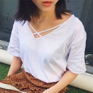 Cross-strap Elbow-sleeve T-shirt
