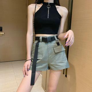 Half-zip Halter-neck Cropped Top / Short-sleeve Lace-up Cropped T-shirt / Buckled Cargo Shorts / Set