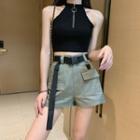 Half-zip Halter-neck Cropped Top / Short-sleeve Lace-up Cropped T-shirt / Buckled Cargo Shorts / Set