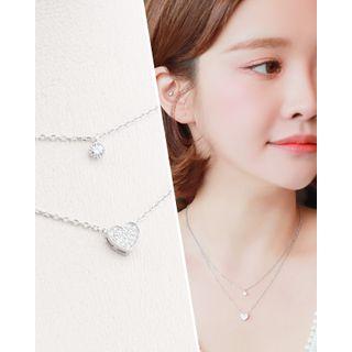 Heart-pendant Tiered Silver Necklace One Size