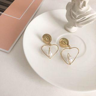 Faux Pearl Coin & Heart Dangle Earring