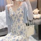 Set - Ice Silk Cardigan + Chiffon Floral Print Strap Dress