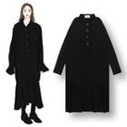 Collared Long-sleeve Midi Shift Dress Black - One Size