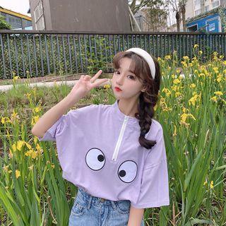 Elbow-sleeve Printed Half-zip T-shirt