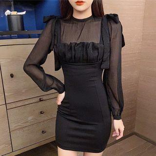 Plain Blouse / Bow Accent Sleeveless Mini Sheath Dress