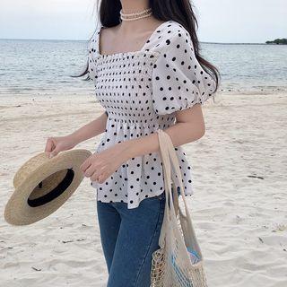 Polka Dot Puff-sleeve Top White - One Size