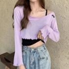 Long-sleeve Frill Trim Crop Top / Camisole Top