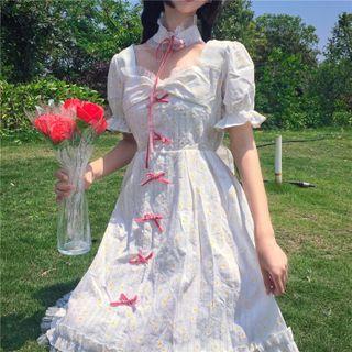 Short-sleeve Flower Print Bow Detail A-line Dress