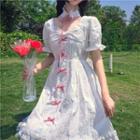 Short-sleeve Flower Print Bow Detail A-line Dress