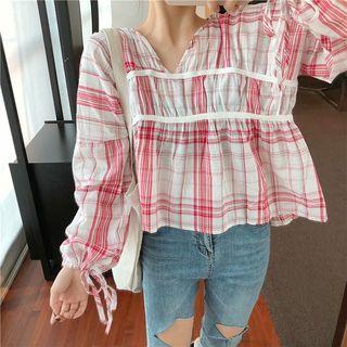 Plaid V-neck Long-sleeve Top
