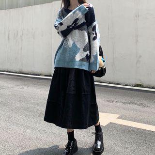 Printed Sweater / Paneled Midi A-line Skirt