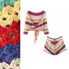 3/4-sleeve Striped Knit Tie-waist Top / Shorts / Set