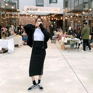 Set: Contrast-trim Zip Hoodie + Long Pencil Skirt