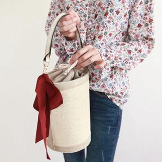Ribbon-accent Drawstring Bucket Bag