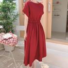 Elastic-waist Short-sleeve Plain Dress Wine Red - One Size