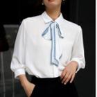 Contrast Trim Tie-neck 3/4-sleeve Blouse