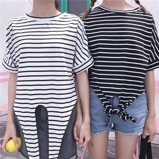 Short-sleeve Striped Tie Waist T-shirt