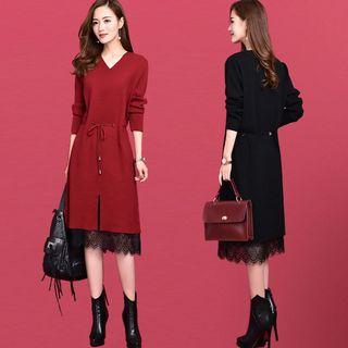 V-neck Lace Trim Midi A-line Knit Dress