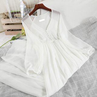 Long-sleeve Midi A-line Chiffon Dress White - One Size