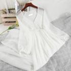 Long-sleeve Midi A-line Chiffon Dress White - One Size