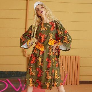 3/4 Sleeve Printed Frill-trim Dress