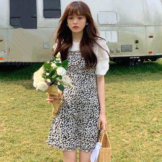 Floral Strappy A-line Dress / Elbow-sleeve Top