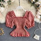 Square-neck Plaid Puff-sleeve Top