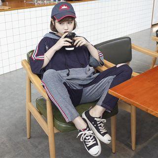 Set: 3/4-sleeve Color Block Hoodie + Sweatpants