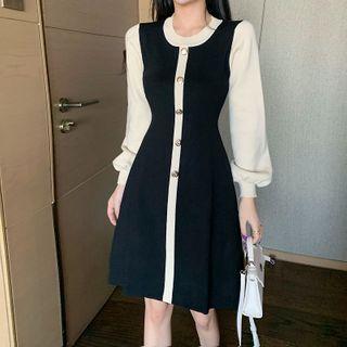 Long-sleeve Knit Color Block A-line Dress