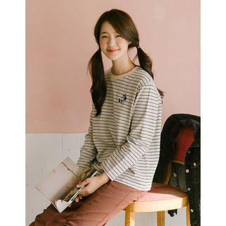Dog-embroidered Striped T-shirt