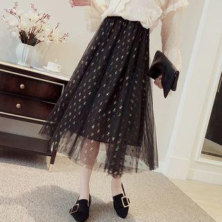 Star Print Mesh Midi Skirt