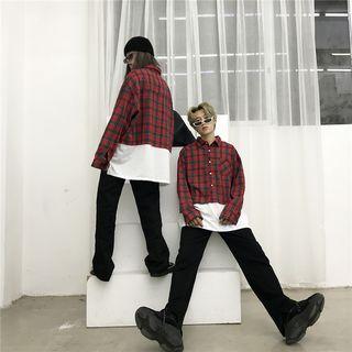 Couple Matching Mock Two-piece Plaid Shirt