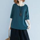 Elbow-sleeve Plain Linen Top Dark Green - One Size