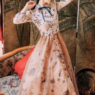 Floral Print Mesh Overlay Midi A-line Shirtdress