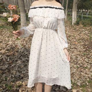 Dotted Off Shoulder Long Sleeve Midi Chiffon Dress