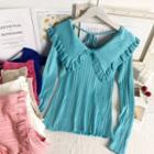 Ruffled-trim V-neck Knit Top In 6 Colors