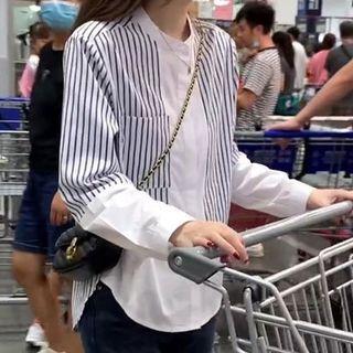 Long-sleeve Round Neck Plain Panel Stripe T-shirt