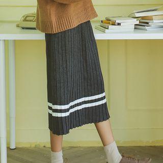 Striped Midi A-line Knit Skirt Dark Gray - One Size