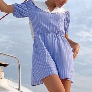 Puff Sleeve Sailor-collar Striped Mini Dress