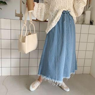 Drawcord-waist Long Denim Skirt Blue - One Size