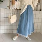 Drawcord-waist Long Denim Skirt Blue - One Size