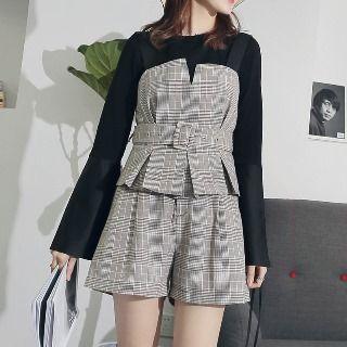 Set: Strapless Check Buckled Top + Shorts