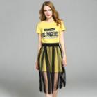 Set: Printed Short-sleeve T-shirt Dress + Mesh Skirt