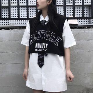 Plain Short-sleeve Shirt / Lettering Cropped Tank Top