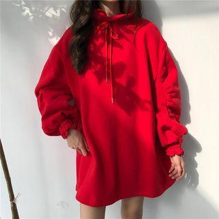 Puff-sleeve Drawstring Neck Long Sweatshirt