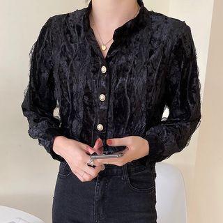 Lace Trim Velvet Shirred Blouse